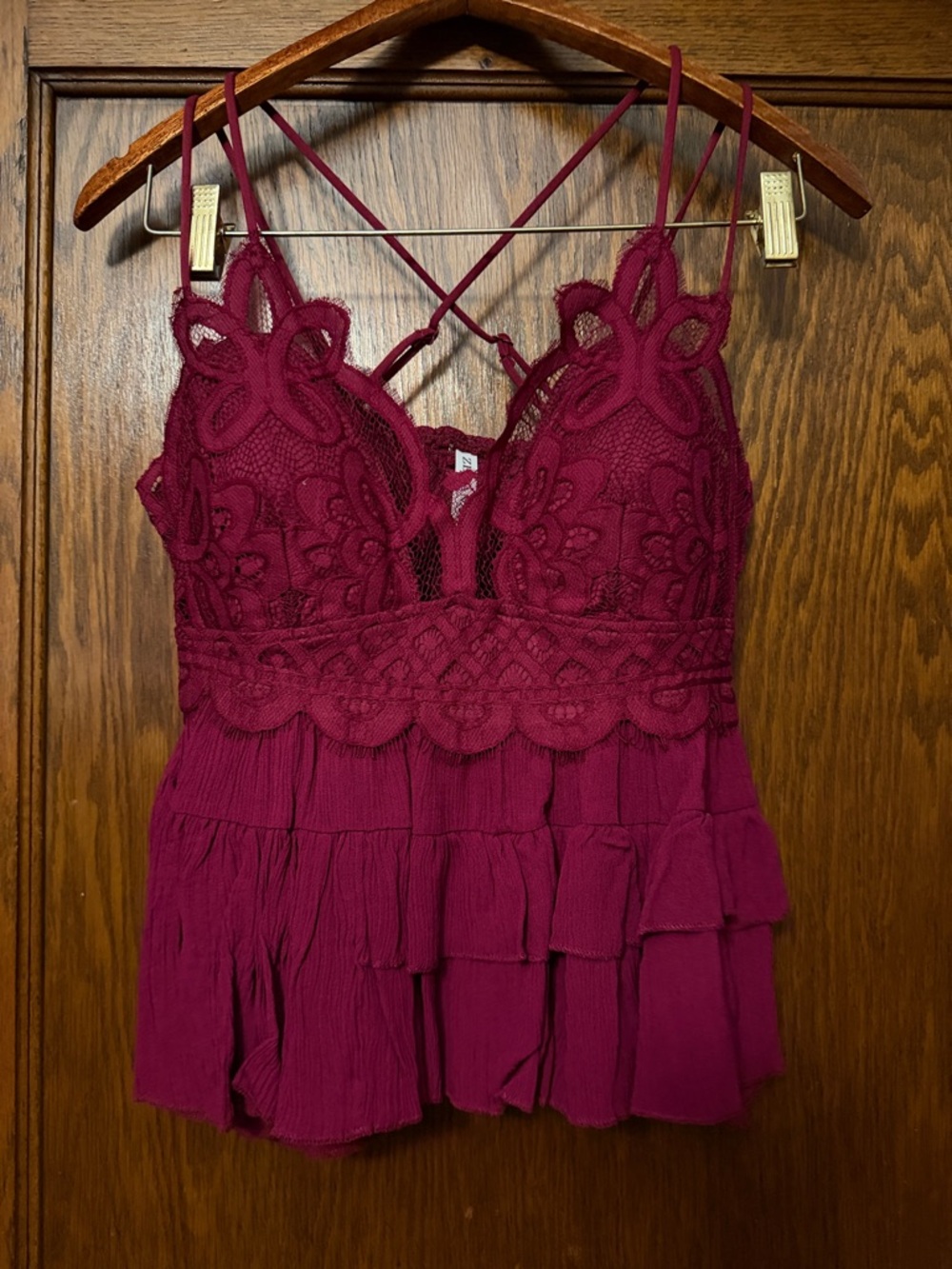 Zenana Outfitters Wine Lace Ruffle Tank with Crisscross Straps